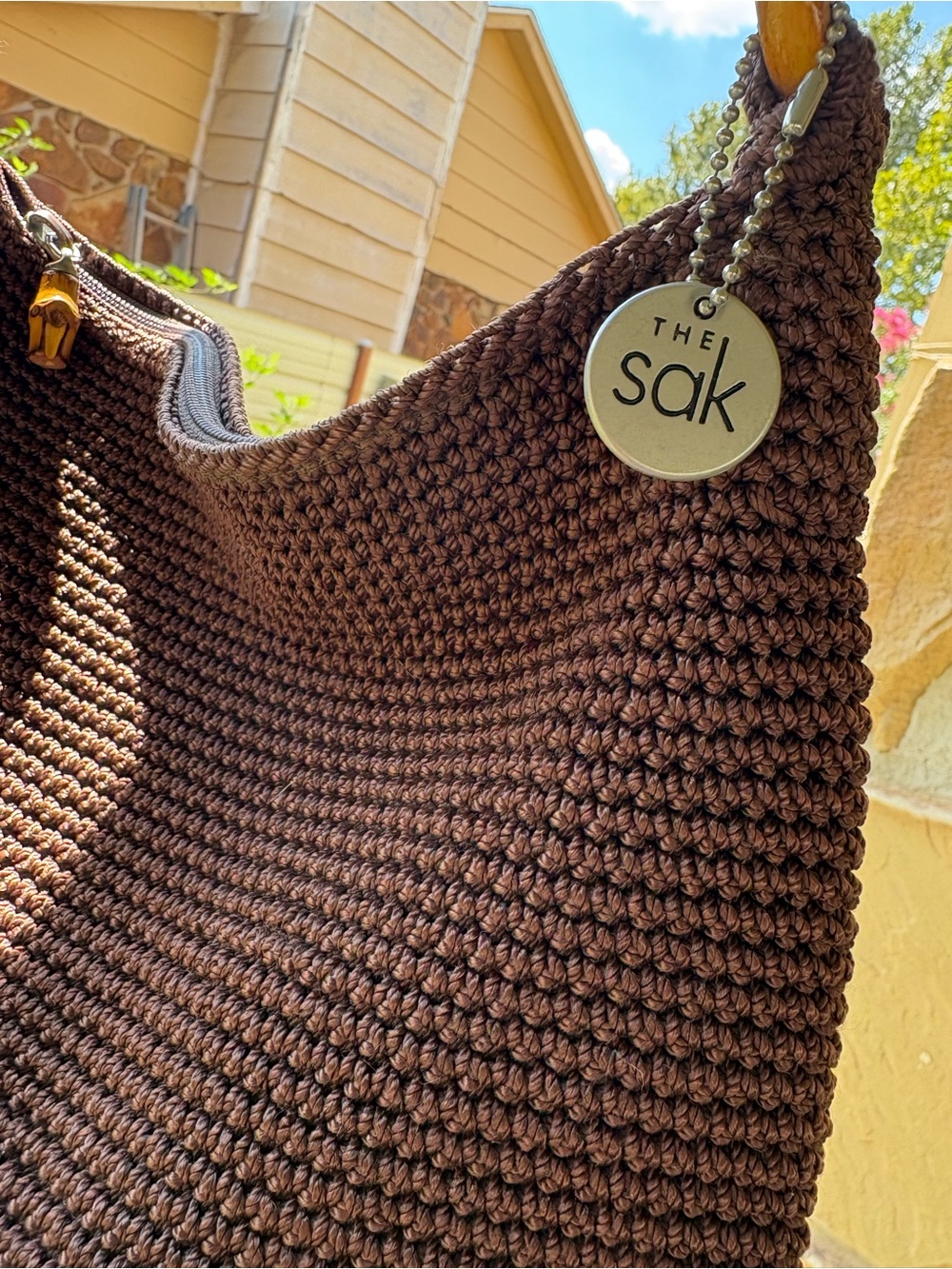 The Sak Brown Crochet Hobo Shoulder Bag Bamboo Handles Zip Top Purse - Picture 2 of 7
